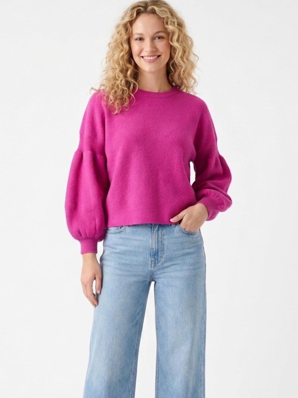 Oat New York Bright Fuchsia Boxy Balloon-Sleeve Knit Crewneck Sweater